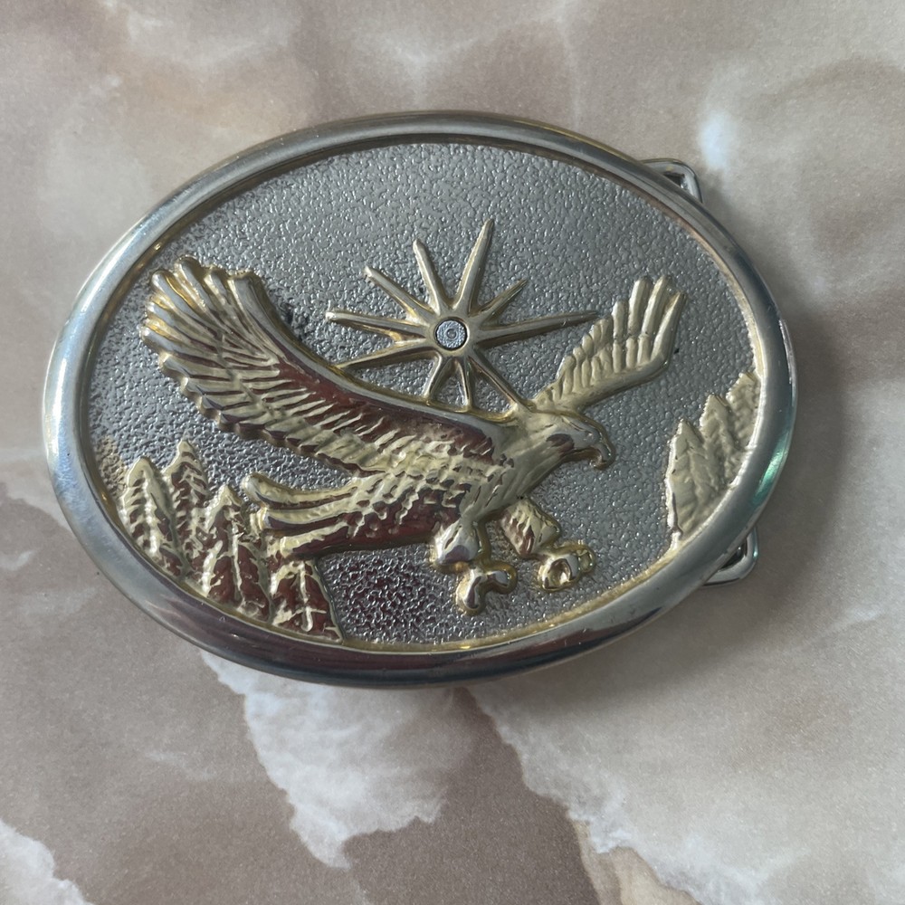 Vintage 70s 80s Western Gold & Silver Tone Flying Eagle Oval Belt Buckle