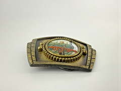 Vintage Railroad Metal Locomotive Belt Buckle Ceramic Inlay Train Collectible