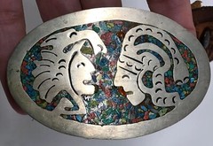 Vintage Mexico Color Stone Inlay Aztec Warrior Inca Mayan Silver Belt Buckle