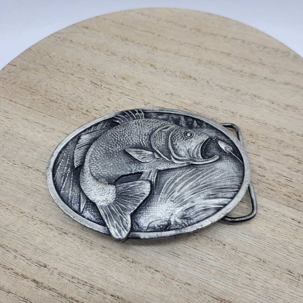 Vintage 1977 3D Jumping Bass Pewter Gray Bergamot X-144 Belt Buckle Heavy