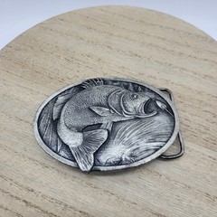 Vintage 1977 3D Jumping Bass Pewter Gray Bergamot X-144 Belt Buckle Heavy