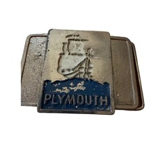 Vintage Plymouth Belt Buckle Silver Tone Blue Enamel Sailing Ship Logo