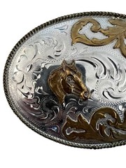Horse Cowboy large belt buckle Alpaca Mexico 4.5&Prime; x 3.25&Prime; Rodeo Country
