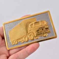Vintage 1950s Gold Tone TRACTOR TRAILER Big Rig TRUCK BELT BUCKLE Hook Fast