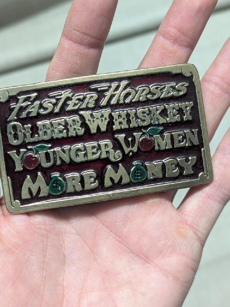 1970s vintage SOLID BRASS enamel WHISKEY money WOMEN horses WESTERN bourbon