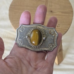 Vintage Silver Metal Belt Buckle With Tiger&rsquo;s Eye Floral/Swirl Design For 1&Prime;Belt