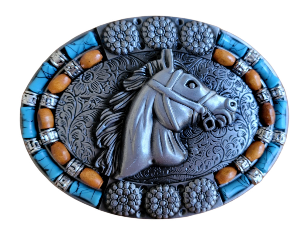 Silver Finish Southwest Horse Head Buckle Western Turquoise Stone Belt Buckle