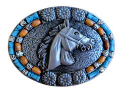 Silver Finish Southwest Horse Head Buckle Western Turquoise Stone Belt Buckle