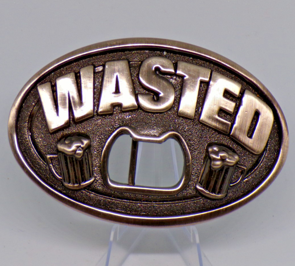 WASTED Belt Buckle with Beer Mugs & Bottle Opener Kalan Novelty Humor Metal