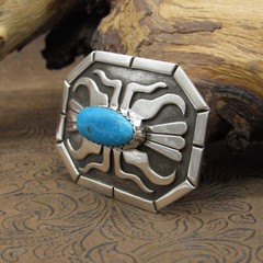 Long Oxidized Octagon-Shaped Sterling Silver Overlay Turquoise Belt Buckle