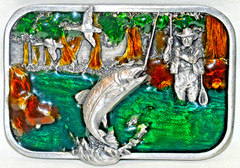 1982 Siskiyou USA Pewter & Enamel Belt Buckle Trout Fishing
