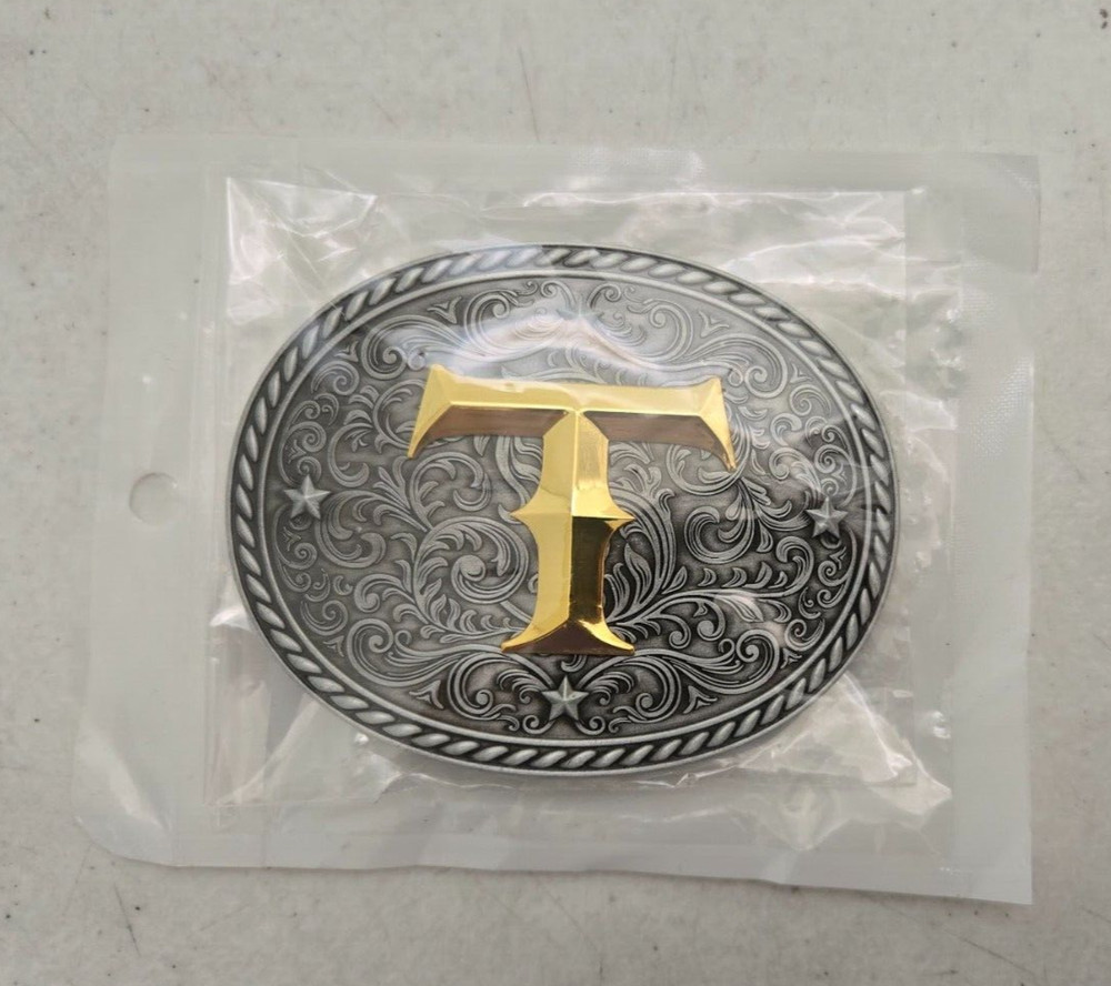 Western Initial ( T, Gold ) Belt Buckle 3.75&Prime; x 3&Prime; For 1.75&Prime; Belt Silver / Grey