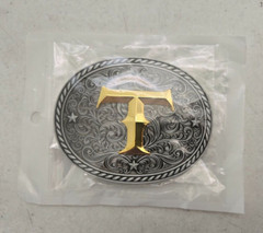 Western Initial ( T, Gold ) Belt Buckle 3.75&Prime; x 3&Prime; For 1.75&Prime; Belt Silver / Grey