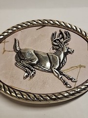 Nocona Belt Buckle Camo Deer Rope Edge Silver Tone Oval Leaping White Tail