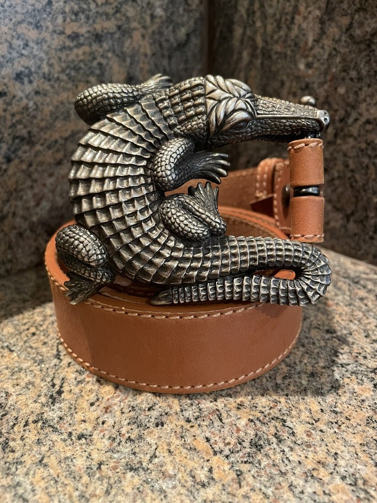 Huge Kieselstein- Cord Sterling Alligator Buckle With Brown Leather Belt Size 3