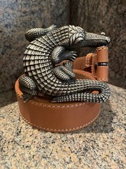 Huge Kieselstein- Cord Sterling Alligator Buckle With Brown Leather Belt Size 3