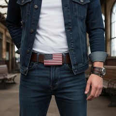 Men Belt Buckle Metal Silver United State America USA Flag Red Blue Soldier Army