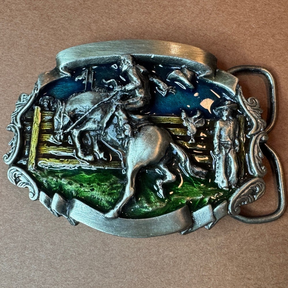 Vintage Western Rodeo Bronco Rider Belt Buckle Enamel Pewter Tone Cowboy Style