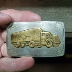 Vintage German Silver Semi Truck Belt Buckle Engraved Brass Tone Big Rig Men