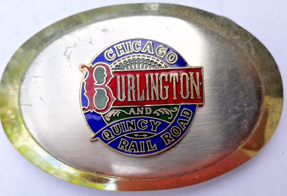 vintage belt buckle Chicago Burlington & Quincy Railroad oval gold silver