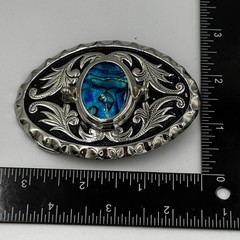 Western Silver Tone Oval Belt Buckle Blue Abalone Shell Inlay Floral Scrollwork