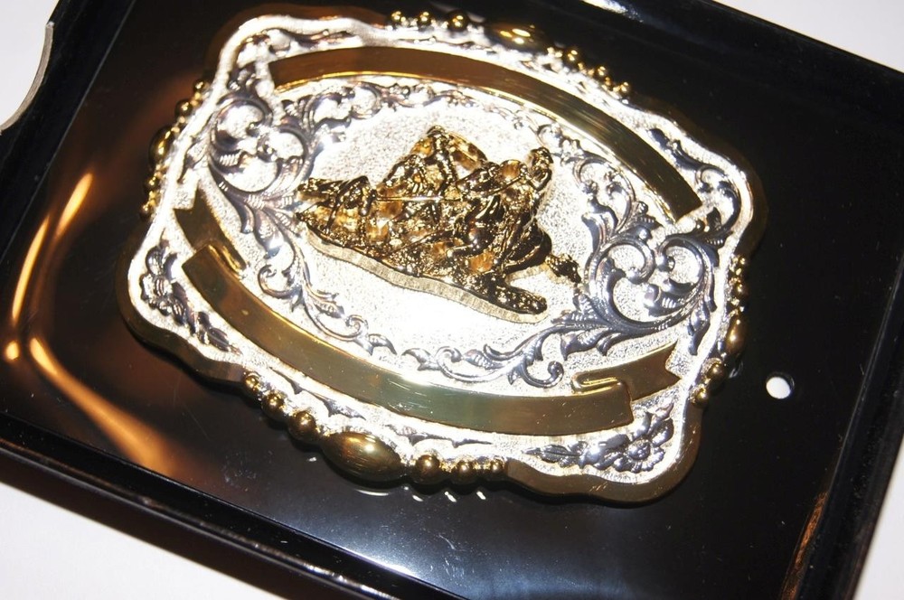 Lightning Ridge Crumrine Western Belt Buckle Trophy Team Roper 2 Ribbons 38568