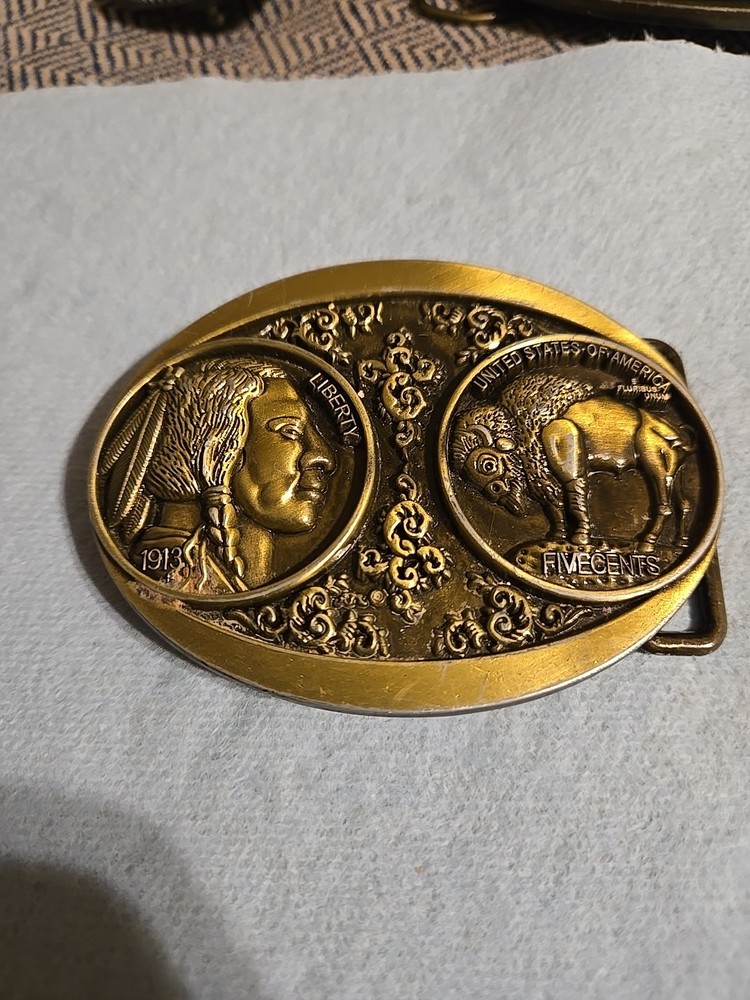 Vintage 5 Cents Buffalo Indian Nickel Western Bronze Plated Metal Belt Buckle