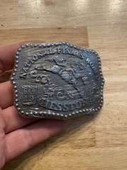 Hesston Vintage Rodeo Belt Buckle 1986 METAL Original Wrap National Finals NFR