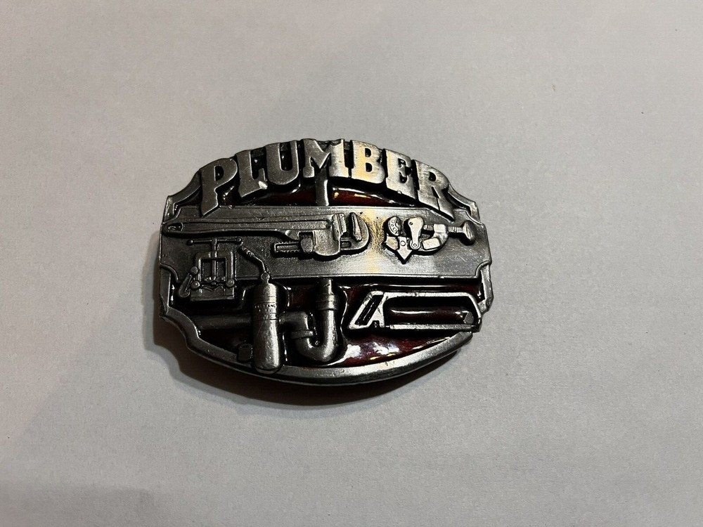 NICE PLUMBER BELT BUCKLE SOLID PEWTER WITH RED 1987 MADE IN USA SISKIYOU CO