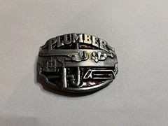 NICE PLUMBER BELT BUCKLE SOLID PEWTER WITH RED 1987 MADE IN USA SISKIYOU CO
