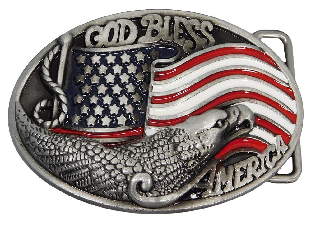 God Bless America USA Wavy Flag & Eagle Belt Buckle