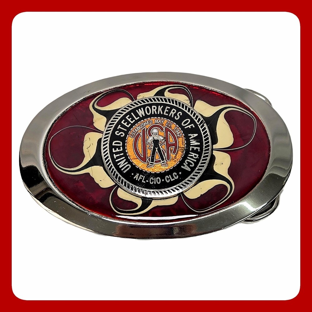 USWA United Steelworkers America AFL-CIO Union Made Silver Red Mens Belt Buckle