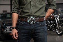 Men Western Belt Buckle Silver Metal Revolver Pistol Gun Feather Bull Turquoise