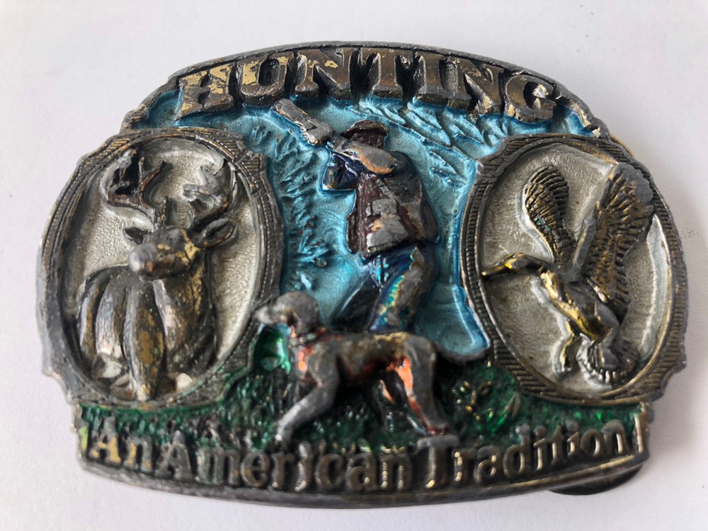 Vintage TEXAS 1986 Great American Buckle Co Brass #1817 Hunting Deer Duck Dog