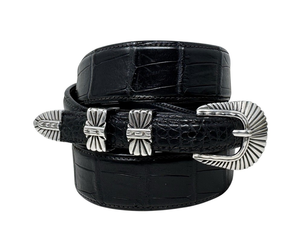 Alexander’s Sterling Silver 4-Piece Belt Buckle Set w/Black Alligator Belt Sz 42