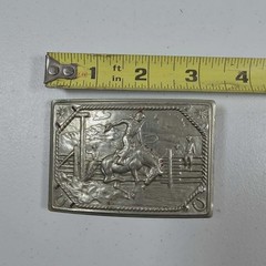 BELT BUCKLE VTG BRONCO WESTERN RODEO HORSE COWBOY SILVER IN COLOR RECTANGLE