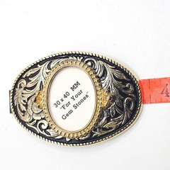 Western Floral Belt Buckle Gold Black Oval 30x40mm Gemstone Setting Made in USA