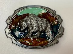 Southwestern Style Fishing Grizzly Bear Colorful Painted Belt Buckle