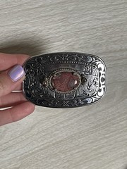 VTG Western Country Silver Tone Rhodochrosite Stone Belt Buckle 3.25&Prime; x 2&Prime;