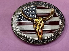 Texas Longhorn United States Flag Stars Stripes Forever Enameled Belt Buckle
