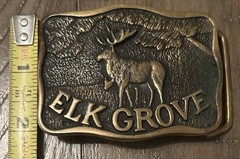 “Elk Grove” Collectors Vintage Brass Belt Buckle by D. Stewart & Co, Ione Ca