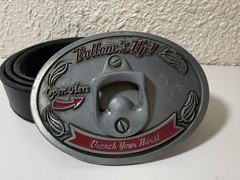 VTG Bottoms Up! Quench Your Thirst Open Here Belt Buckle Bottle Opener 48” Belt
