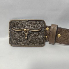 Long Horn Bull Western Cowboy Leather Belt & Buckle Vaquera Rodeo Con Toro, ~33&Prime;