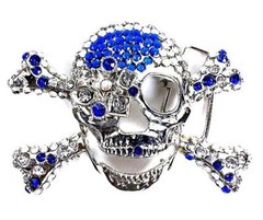 Skeleton Skull Cross Bones Black Clear Crystal Rhinestone Halloween Belt Buckle