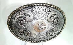 Nocona Western Belt Buckle Silver Gold Floral Oval Letter C