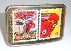 Flash Superhero Belt Buckle Hand Made with Authentic USA Postage Stamps
