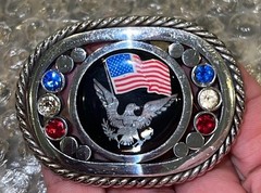 American Flag With Eagle Crest Belt Buckle Rhinestones Patriotic Red White Blue