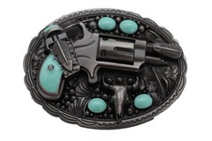 Men Western Buckle Dark Silver Color Metal Revolver Gun Feather Bull Turquoise