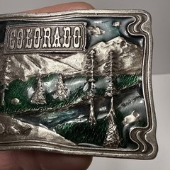VTG 1976  » COLORADO  » BERGAMOT Brass Works Enamel DIX Leather BELT BUCKLE – NICE