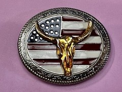 Texas Longhorn United States Flag Stars Stripes Forever Enameled Belt Buckle